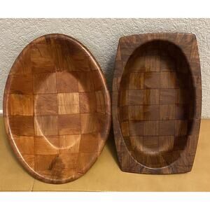 Vintage 70’s parquet wooden basket weave bowls set of 2. Weavewood.